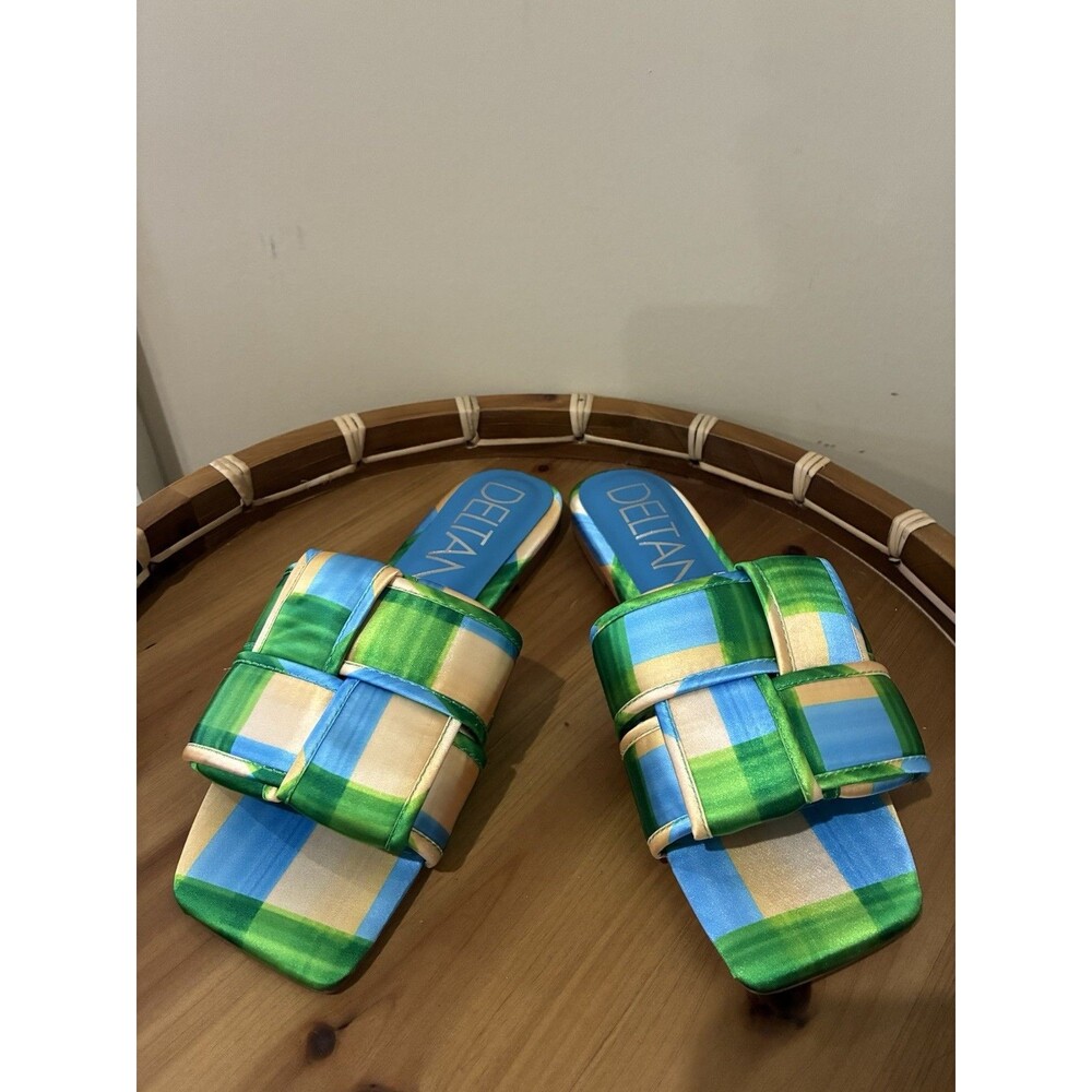 Deltan size 7.5 Blue Green Yellow Women’s plaid slip on sandal flats NEW